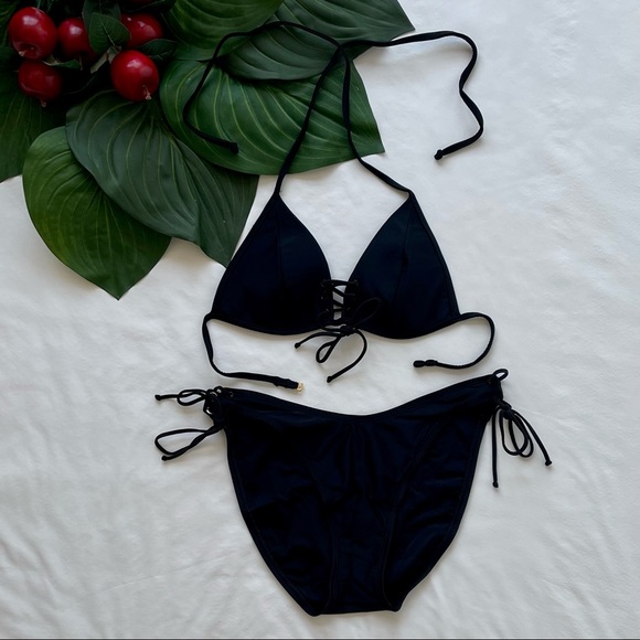 Victoria's Secret Other - Victoria’s Secret Black String Bikini w/Edgy Lace-Up Details Top (M) Bottom (L)